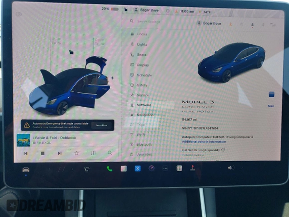 2020 Tesla Model 3 Long Range z VIN 5YJ3E1EB7LF647614, wystawiony jako Copart lot #51316115 z przebiegiem 54 917 mil mil oraz Szkoda całkowita • Salvage title. Historia ofert i sprzedaży dostępna na DreamBid. Obrazek 9.