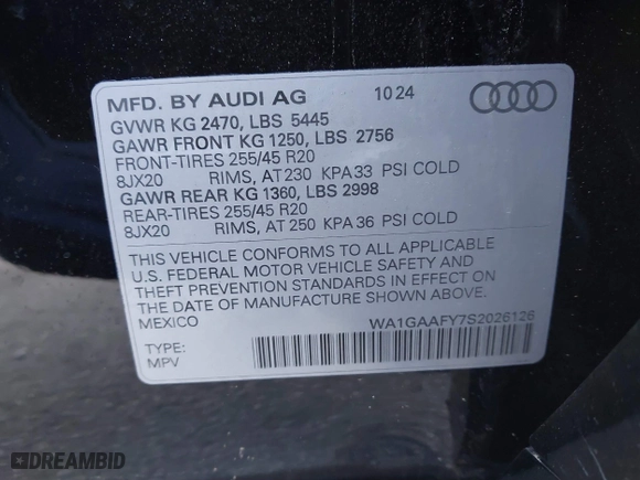 2025 Audi Q5 S line Premium with VIN WA1GAAFY7S2026126, listed as a IAAI auction lot 41535407 with 1,303 mi miles. Bid and sale history available at carsss.com. Image 9.