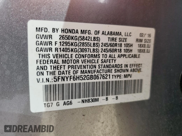 2016 Honda Pilot EX-L with VIN 5FNYF6H52GB067621, listed as a Copart auction lot 53848105 with 75,332 mi miles and Salvage Title. Bid and sale history available at carsss.com. Image 14.