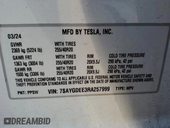 2024 Tesla Model Y Long Range with VIN 7SAYGDEE3RA257999, listed as a Copart auction lot 41838105 with 17,013 mi miles and Salvage Title. Bid and sale history available at DreamBid. Image 14.