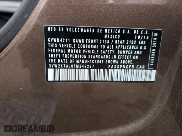 2015 Volkswagen Jetta S with VIN 3VW2K7AJ0FM242227, listed as a Copart auction lot 47788865 with Not provided miles and Clean title. Bid and sale history available at DreamBid. Image 12.