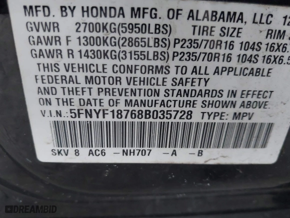 2008 Honda Pilot EX-L with VIN 5FNYF18768B035728, listed as a IAAI auction lot 41492820 with 118,420 mi miles. Bid and sale history available at carsss.com. Image 9.