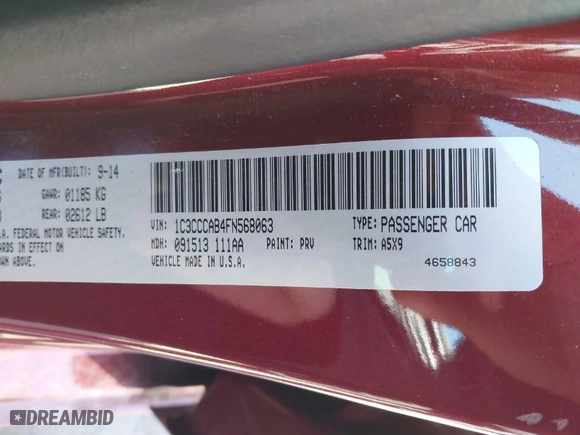 2015 Chrysler 200 Limited with VIN 1C3CCCAB4FN568063, listed as a IAAI auction lot 41353559 with 116,816 mi miles. Bid and sale history available at carsss.com. Image 9.