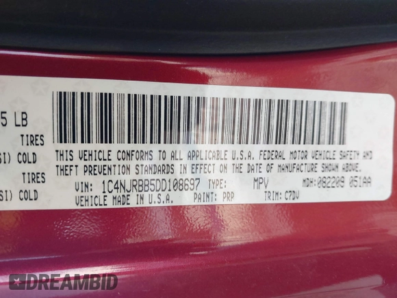2013 Jeep Patriot Sport with VIN 1C4NJRBB5DD108697, listed as a IAAI auction lot 41374016 with 110,276 mi miles and . Bid and sale history available at carsss.com. Image 9.