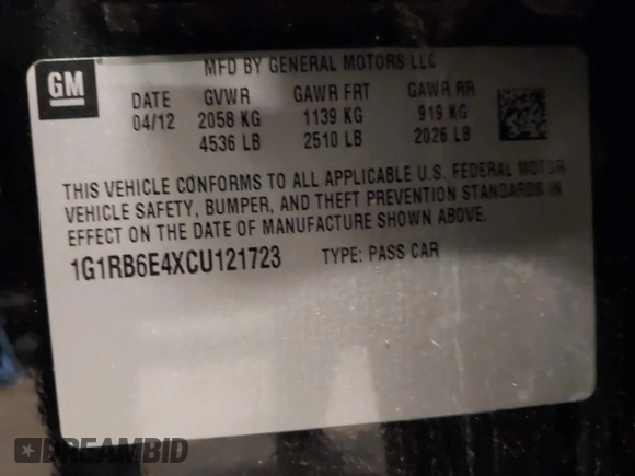 2012 Chevrolet Volt with VIN 1G1RB6E4XCU121723, listed as a IAAI auction lot 41856073 with 137,274 mi miles and . Bid and sale history available at carsss.com. Image 9.