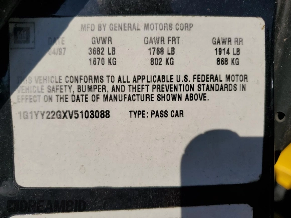 1997 Chevrolet Corvette with VIN 1G1YY22GXV5103088, listed as a Copart auction lot 80677194 with 0 mi miles and Clean Title. Bid and sale history available at carsss.com. Image 12.