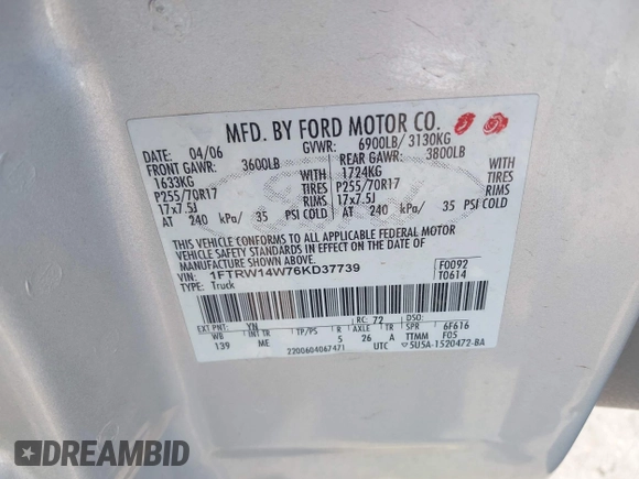 2006 Ford F-150 XLT с VIN 1FTRW14W76KD37739, выставлен на аукционе IAAI как лот 42706614 с пробегом 325 028 миль миль и . История ставок и продаж доступна на DreamBid. Изображение 9.