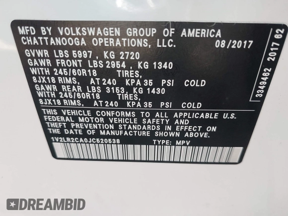 2018 Volkswagen Atlas SE z VIN 1V2LR2CA0JC520538, wystawiony jako IAAI lot #42862283 z przebiegiem 119 258 mil mil oraz . Historia ofert i sprzedaży dostępna na DreamBid. Obrazek 9.