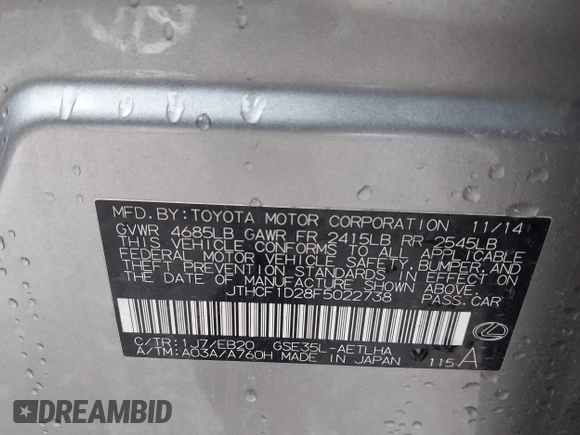 2015 Lexus IS 250 with VIN JTHCF1D28F5022738, listed as a IAAI auction lot 42487636 with 104,789 mi miles and . Bid and sale history available at DreamBid. Image 9.