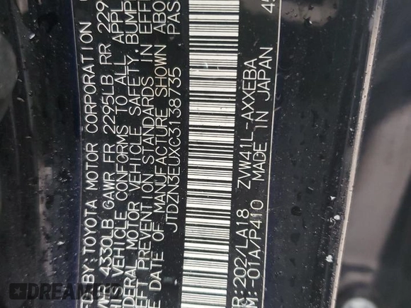 2012 Toyota Prius Two with VIN JTDZN3EUXC3138735, listed as a Copart auction lot 37204754 with 154,591 mi miles and Clean Title. Bid and sale history available at DreamBid. Image 13.