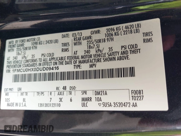 2013 Ford Escape SEL with VIN 1FMCU0HX0DUD09416, listed as a IAAI auction lot 42669178 with 150,575 mi miles and . Bid and sale history available at DreamBid. Image 9.