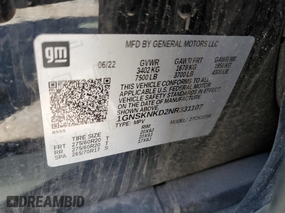 2022 Chevrolet Tahoe LT with VIN 1GNSKNKD2NR331107, listed as a Copart auction lot 54296895 with 29,906 mi miles and Salvage title. Bid and sale history available at DreamBid. Image 13.