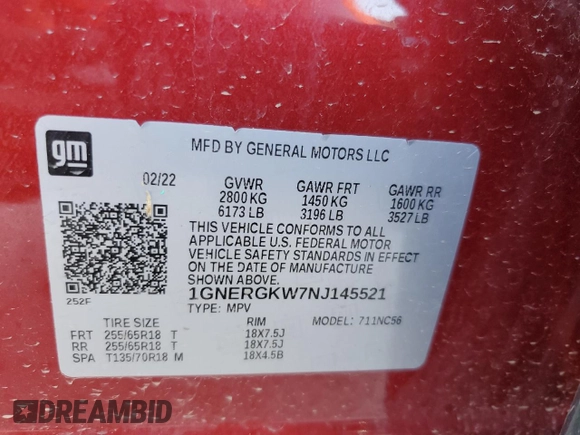 2022 Chevrolet Traverse LT Cloth with VIN 1GNERGKW7NJ145521, listed as a Copart auction lot 56383565 with 37,888 mi miles and Salvage title. Bid and sale history available at DreamBid. Image 13.