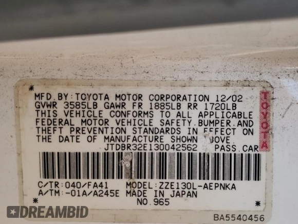 2003 Toyota Corolla CE with VIN JTDBR32E130042562, listed as a Copart auction lot 54989255 with 240,798 mi miles and Clean Title. Bid and sale history available at DreamBid. Image 12.