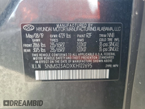 2019 Hyundai Santa Fe SE with VIN 5NMS23ADXKH122695, listed as a Copart auction lot 61941525 with 64,578 mi miles and Non repairable. Bid and sale history available at DreamBid. Image 13.