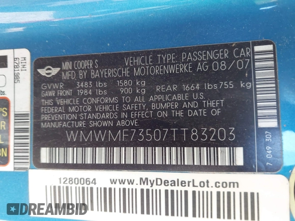 2007 MINI Hardtop S with VIN WMWMF73507TT83203, listed as a IAAI auction lot 41832035 with Not Provided miles and . Bid and sale history available at DreamBid. Image 9.