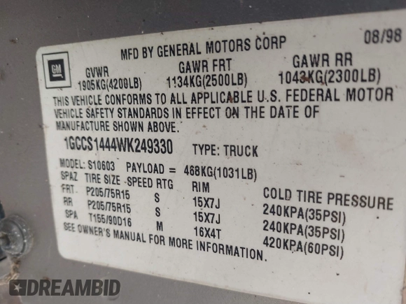 1998 Chevrolet S-10 with VIN 1GCCS1444WK249330, listed as a IAAI auction lot 41092372 with 1 mi miles. Bid and sale history available at carsss.com. Image 9.