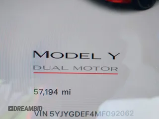 2021 Tesla Model Y Performance with VIN 5YJYGDEF4MF092062, listed as a IAAI auction lot 41583793 with 57,194 mi miles and . Bid and sale history available at DreamBid. Image 15.