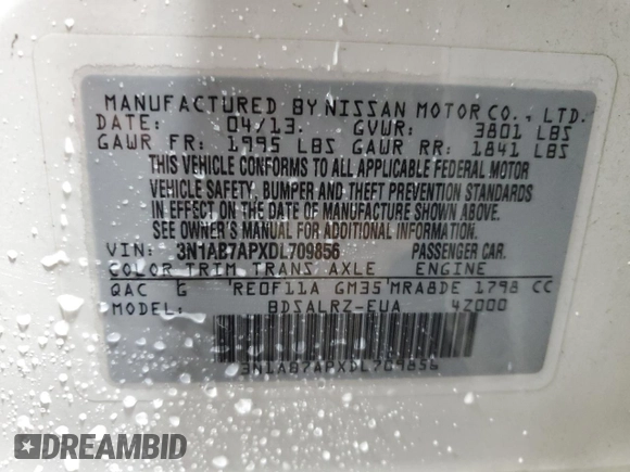2013 Nissan Sentra S with VIN 3N1AB7APXDL709856, listed as a Copart auction lot 48317025 with 172,603 mi miles and Salvage Title. Bid and sale history available at DreamBid. Image 12.