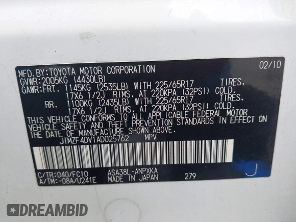 2010 Toyota RAV4 with VIN JTMZF4DV1AD025762, listed as a IAAI auction lot 42611603 with 196,318 mi miles and . Bid and sale history available at DreamBid. Image 9.