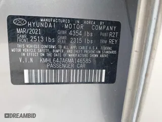 2021 Hyundai Sonata SEL with VIN KMHL64JA6MA146585, listed as a IAAI auction lot 41680181 with 34,119 mi miles. Bid and sale history available at carsss.com. Image 9.