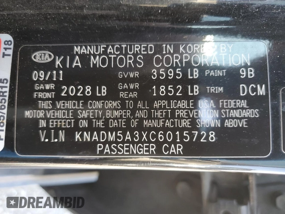 2012 Kia Rio LX with VIN KNADM5A3XC6015728, listed as a Copart auction lot 54952215 with 186,348 mi miles and Salvage Title. Bid and sale history available at DreamBid. Image 12.