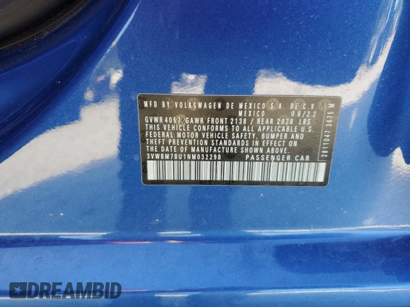 2022 Volkswagen Jetta Sport with VIN 3VWBM7BU1NM032298, listed as a Copart auction lot 85263704 with 32,327 mi miles and Non repairable. Bid and sale history available at DreamBid. Image 13.