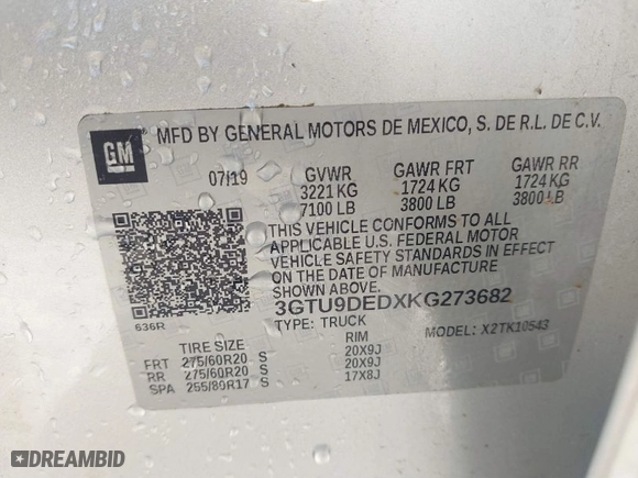 2019 GMC Sierra 1500 SLT with VIN 3GTU9DEDXKG273682, listed as a IAAI auction lot 41131281 with 1 mi miles. Bid and sale history available at carsss.com. Image 9.