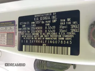 2022 Kia Sorento SX with VIN 5XYRK4LF1NG078345, listed as a IAAI auction lot 42016359 with 102,856 mi miles and . Bid and sale history available at DreamBid. Image 9.