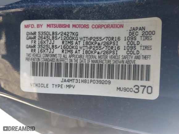 2001 Mitsubishi Montero Sport LS with VIN JA4MT31H81P039209, listed as a IAAI auction lot 41592089 with 174,416 mi miles. Bid and sale history available at carsss.com. Image 9.