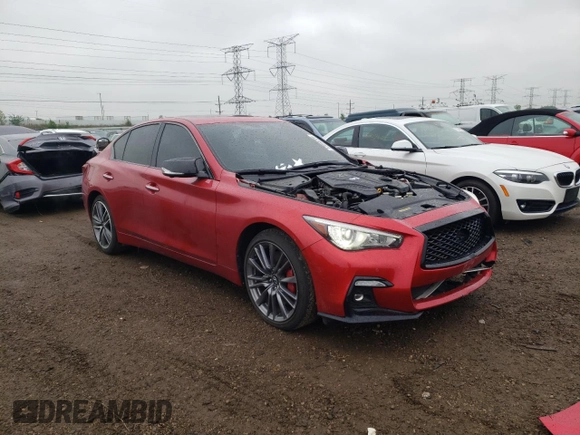 2022 Infiniti Q50 Red Sport 400 with VIN JN1FV7DR9NM390256, listed as a Copart auction lot 57094225 with 52,307 mi miles and Salvage title. Bid and sale history available at DreamBid. Image 4.