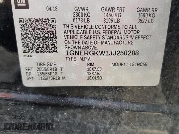 2018 Chevrolet Traverse LT Cloth with VIN 1GNERGKW1JJ250288, listed as a Copart auction lot 54748485 with 122,290 mi miles and Salvage title. Bid and sale history available at DreamBid. Image 12.