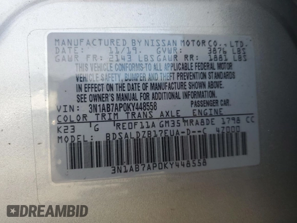 2019 Nissan Sentra SV with VIN 3N1AB7AP0KY448558, listed as a Copart auction lot 55517165 with 126,033 mi miles and Clean Title. Bid and sale history available at carsss.com. Image 12.