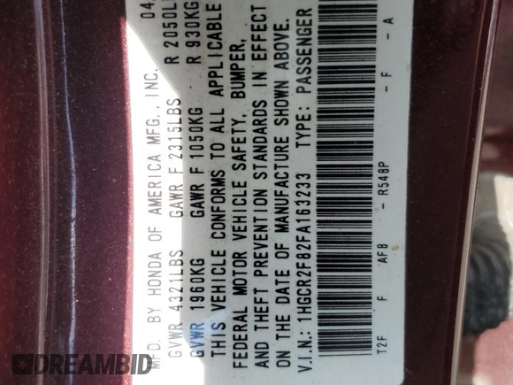2015 Honda Accord EX-L with VIN 1HGCR2F82FA163233, listed as a Copart auction lot 51297955 with 32,343 mi miles and Salvage title. Bid and sale history available at DreamBid. Image 13.