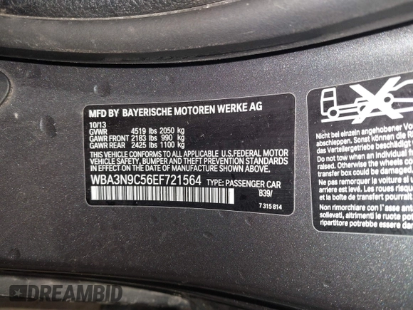 2014 BMW 4 Series 428i xDrive with VIN WBA3N9C56EF721564, listed as a IAAI auction lot 41737409 with 42,052 mi miles and . Bid and sale history available at DreamBid. Image 9.