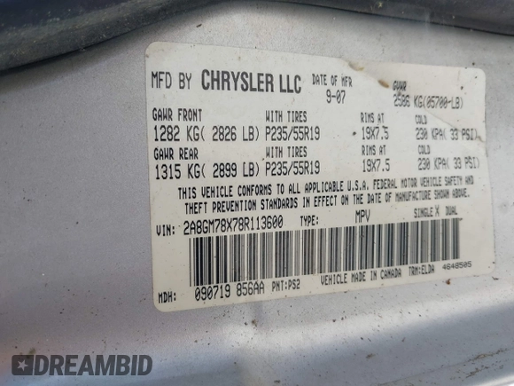 2008 Chrysler Pacifica with VIN 2A8GM78X78R113600, listed as a IAAI auction lot 42271368 with 219,401 mi miles and . Bid and sale history available at DreamBid. Image 9.