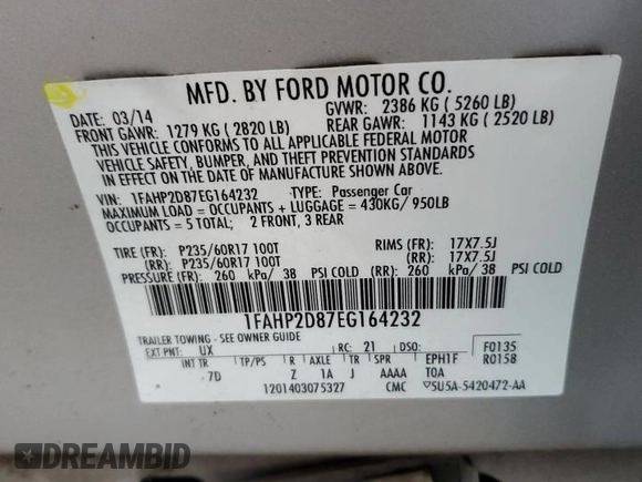 2014 Ford Taurus SE with VIN 1FAHP2D87EG164232, listed as a Copart auction lot 83407024 with 156,348 mi miles and Salvage Title. Bid and sale history available at DreamBid. Image 14.