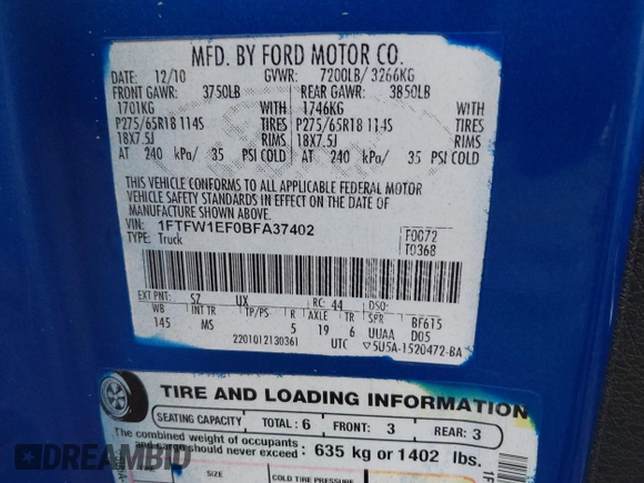 2011 Ford F-150 XL with VIN 1FTFW1EF0BFA37402, listed as a IAAI auction lot 41622872 with 212,279 mi miles. Bid and sale history available at carsss.com. Image 9.