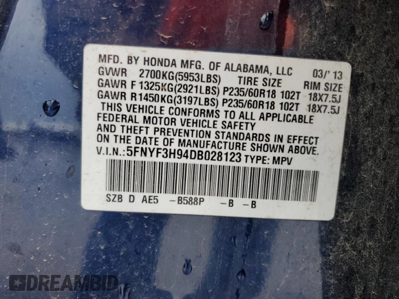 2013 Honda Pilot Touring with VIN 5FNYF3H94DB028123, listed as a Copart auction lot 55080925 with 214,388 mi miles and Salvage Title. Bid and sale history available at carsss.com. Image 13.