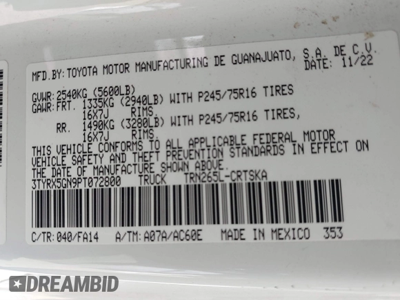 2023 Toyota Tacoma SR with VIN 3TYRX5GN9PT072800, listed as a IAAI auction lot 41622901 with 14,528 mi miles and . Bid and sale history available at DreamBid. Image 9.