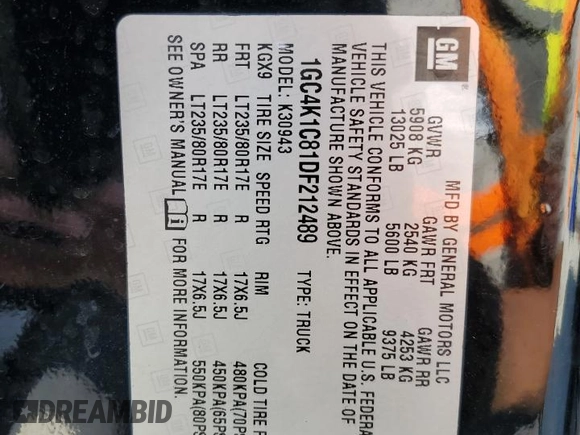 2013 Chevrolet Silverado 3500HD LTZ with VIN 1GC4K1C81DF212489, listed as a Copart auction lot 67302454 with 57,599 mi miles and Salvage Title. Bid and sale history available at carsss.com. Image 12.