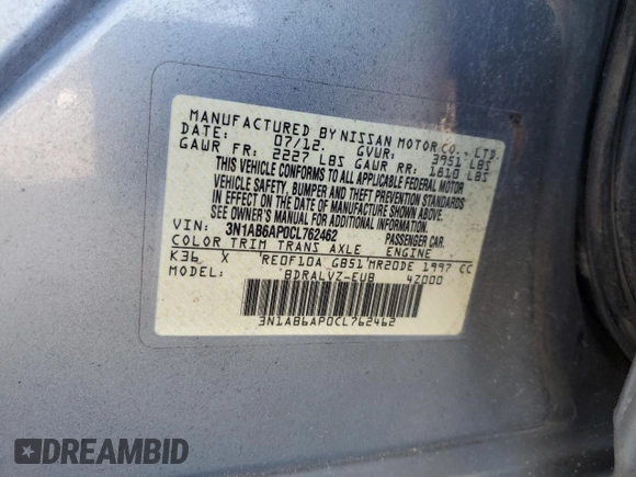 2012 Nissan Sentra SR with VIN 3N1AB6AP0CL762462, listed as a Copart auction lot 43589825 with Not Provided miles and Salvage Title. Bid and sale history available at DreamBid. Image 12.