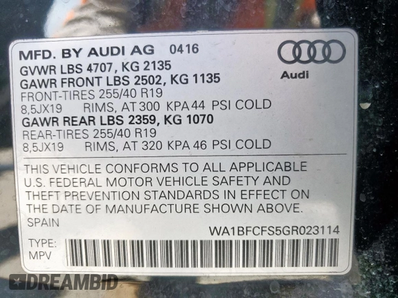 2016 Audi Q3 Premium Plus with VIN WA1BFCFS5GR023114, listed as a Copart auction lot 57947165 with 55,079 mi miles and Salvage title. Bid and sale history available at DreamBid. Image 13.