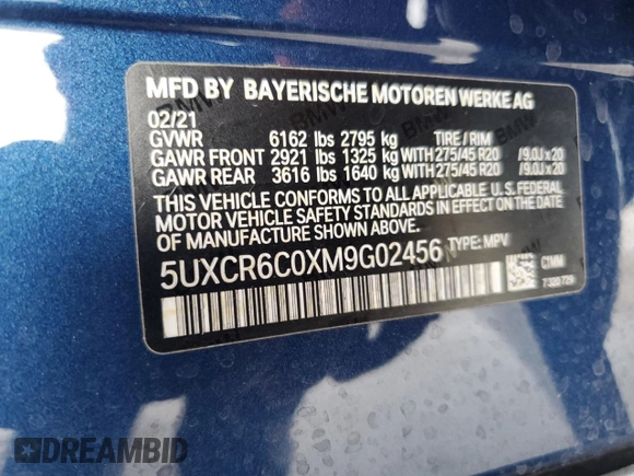 2021 BMW X5 xDrive40i with VIN 5UXCR6C0XM9G02456, listed as a Copart auction lot 63349365 with 21,086 mi miles and Clean title. Bid and sale history available at DreamBid. Image 13.