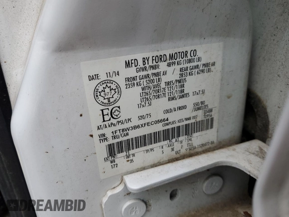 2015 Ford F-350 Platinum with VIN 1FT8W3B6XFEC05664, listed as a Copart auction lot 84847544 with Not Provided miles and Salvage Title. Bid and sale history available at DreamBid. Image 12.