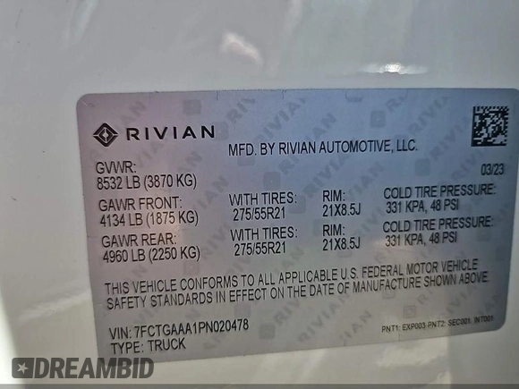 2023 Rivian R1T Adventure z VIN 7FCTGAAA1PN020478, wystawiony jako IAAI lot #42361936 z przebiegiem 443 mil mil oraz . Historia ofert i sprzedaży dostępna na DreamBid. Obrazek 9.