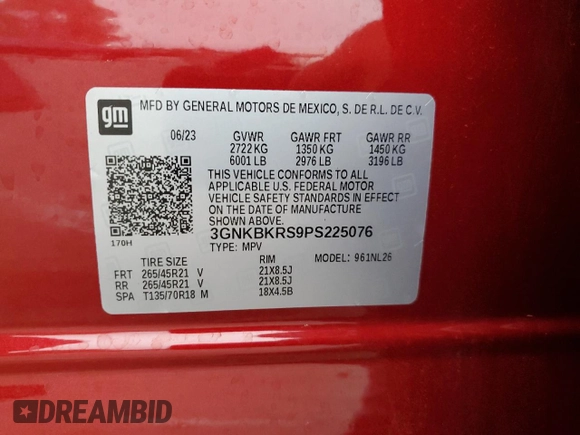 2023 Chevrolet Blazer RS with VIN 3GNKBKRS9PS225076, listed as a Copart auction lot 55012315 with 7,157 mi miles and Salvage title. Bid and sale history available at DreamBid. Image 12.