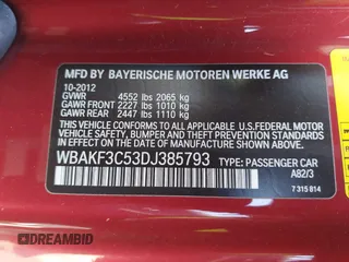 2013 BMW 3 Series 328i xDrive with VIN WBAKF3C53DJ385793, listed as a IAAI auction lot 41665820 with 137,910 mi miles. Bid and sale history available at carsss.com. Image 9.