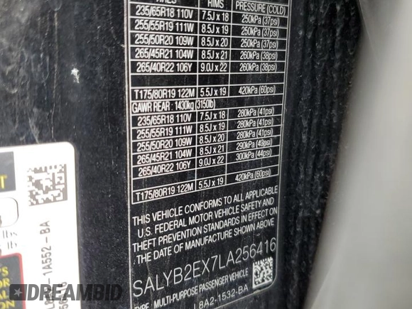 2020 Land Rover Range Rover Velar S with VIN SALYB2EX7LA256416, listed as a Copart auction lot 61964835 with 59,928 mi miles and Salvage title. Bid and sale history available at DreamBid. Image 13.