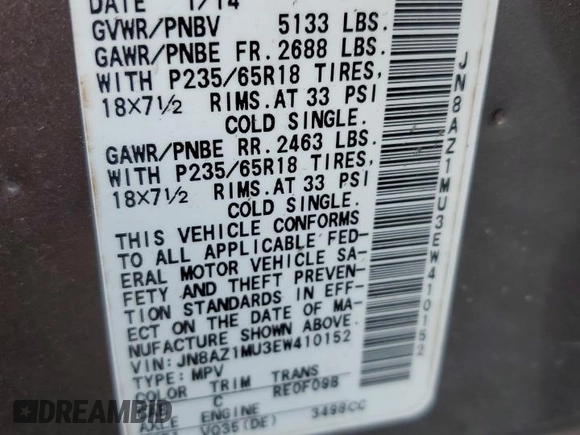 2014 Nissan Murano SV with VIN JN8AZ1MU3EW410152, listed as a Copart auction lot 52364445 with 138,198 mi miles and Salvage Title. Bid and sale history available at carsss.com. Image 14.